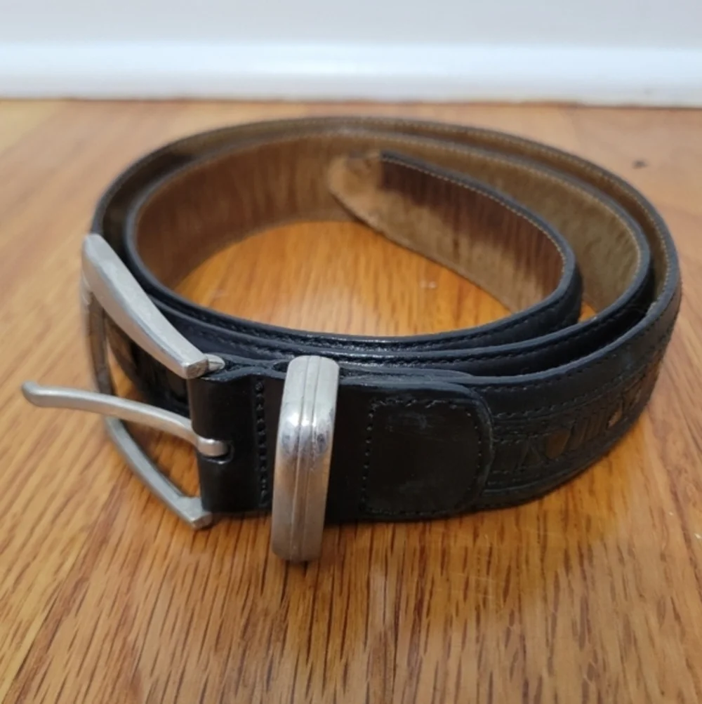 Mezlan Men's Genuine Crocodile Leather Dress Belt Size 34 Black Spain‎ Brass